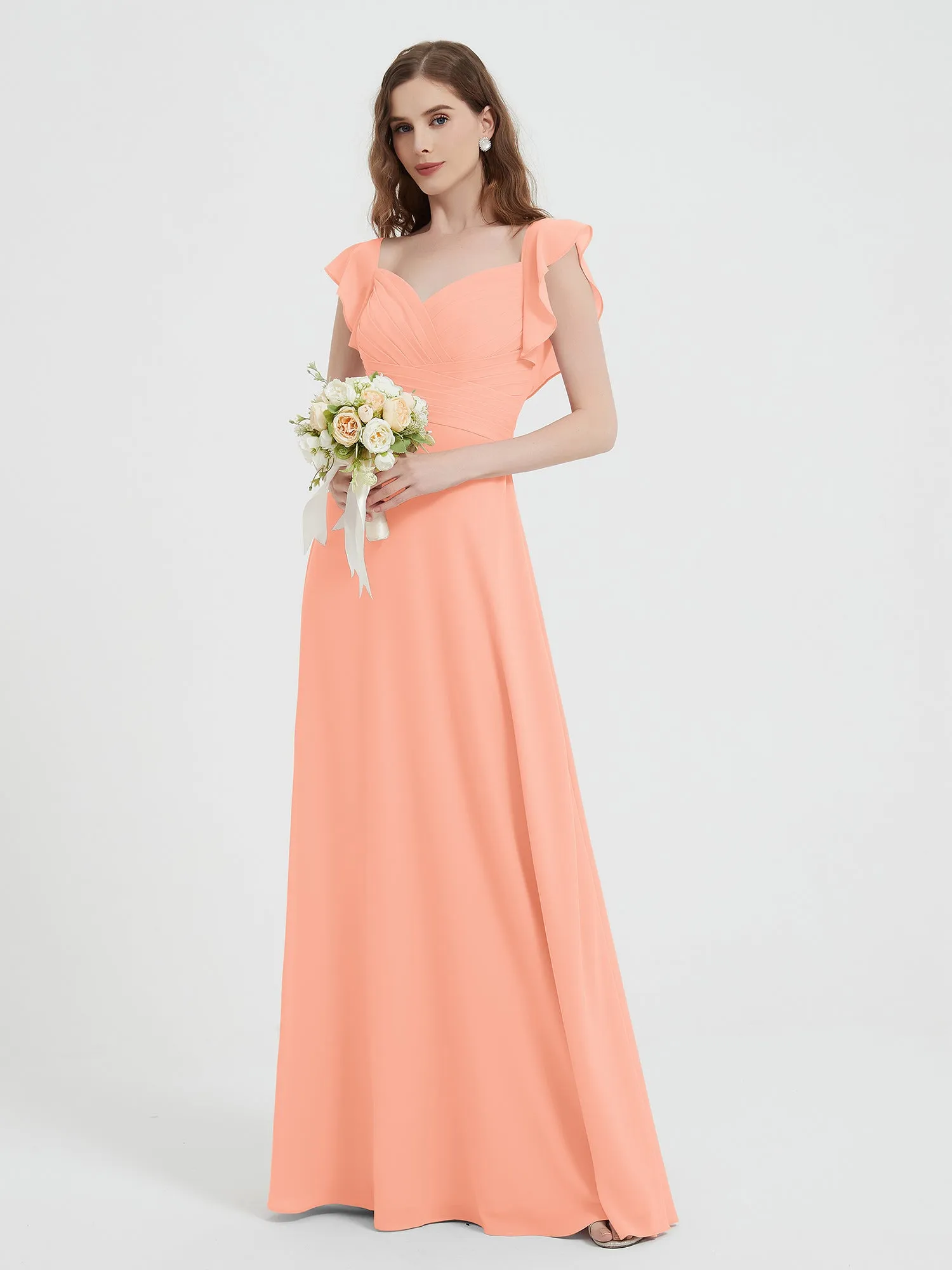 A-line Flutter Sleeves Chiffon Pleated Dress Coral