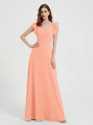 A-line Flutter Sleeves Chiffon Pleated Dress Coral