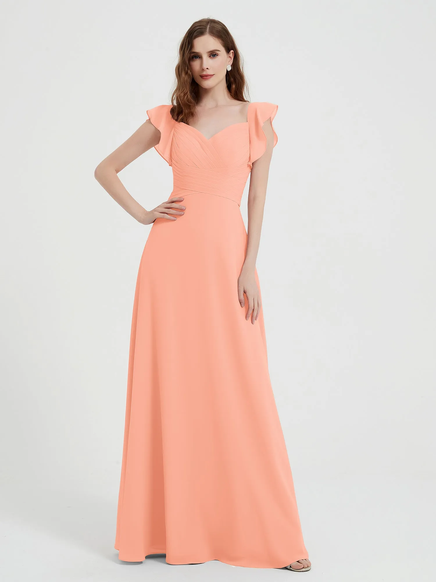 A-line Flutter Sleeves Chiffon Pleated Dress Coral
