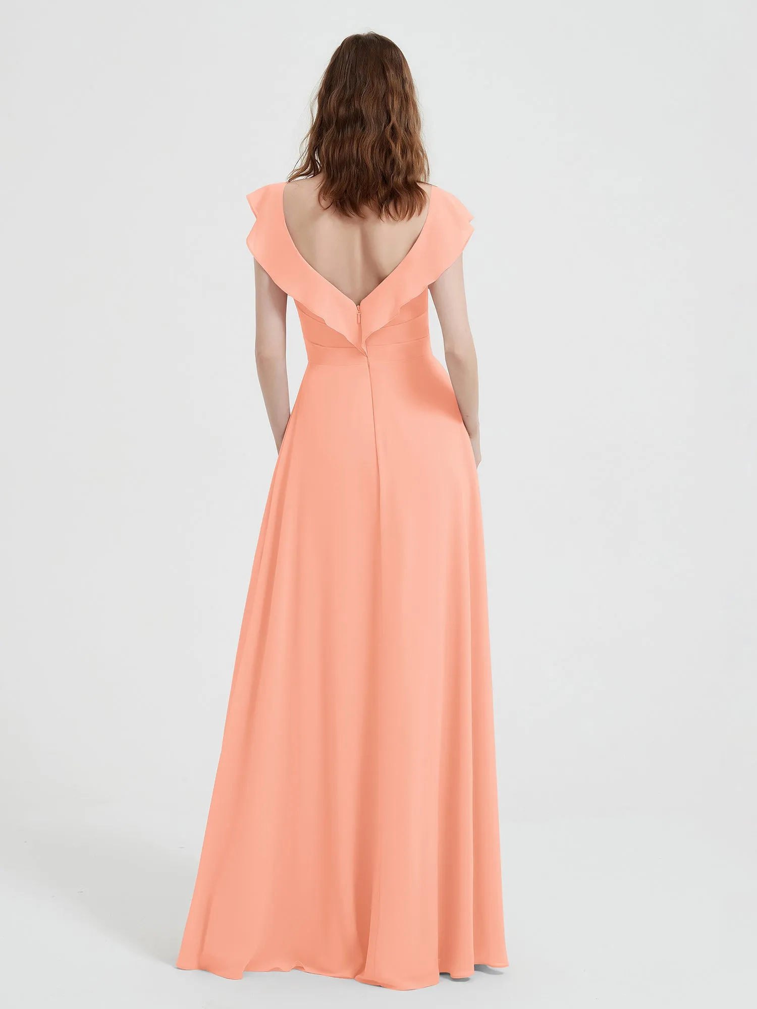 A-line Flutter Sleeves Chiffon Pleated Dress Coral