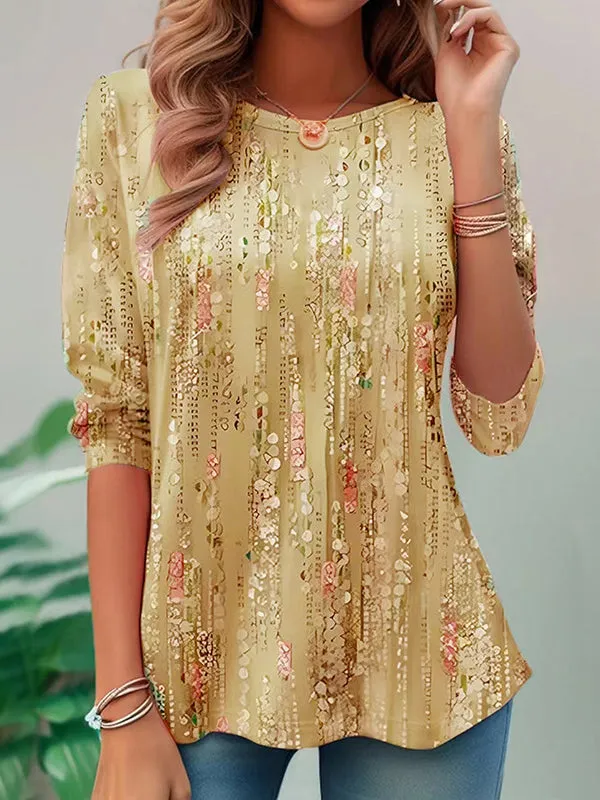 A-Line Long Sleeves Printed Round-Neck T-Shirts Tops