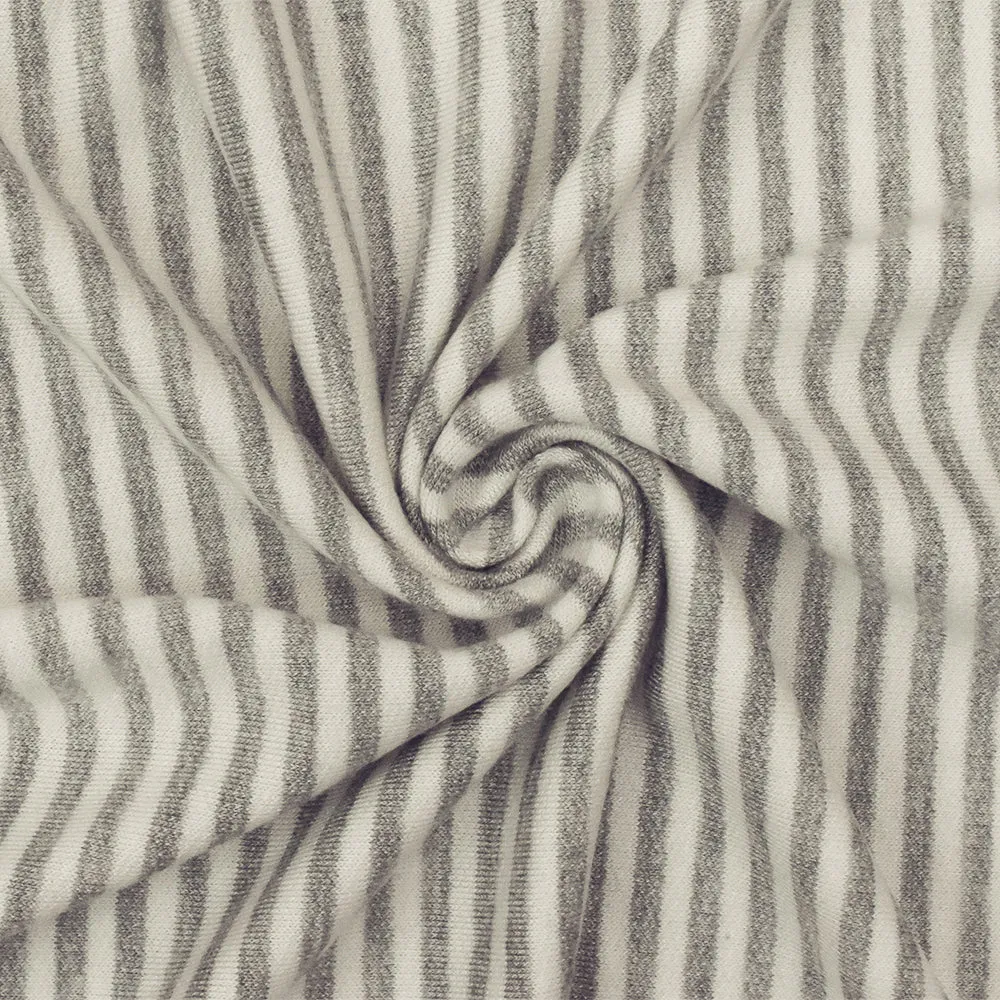 Ash Gray-Ivory Stripe Printed Stretch Rayon Baby French Terry Knit Fabric