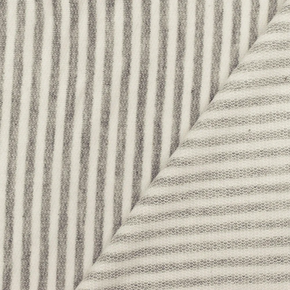 Ash Gray-Ivory Stripe Printed Stretch Rayon Baby French Terry Knit Fabric