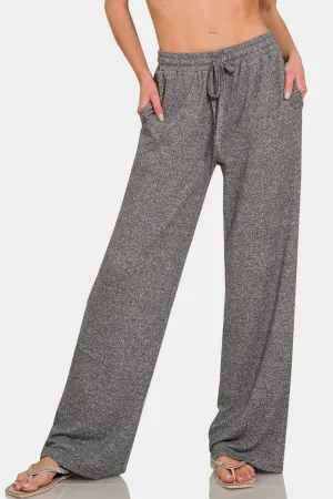 Black Drawstring Wide Leg Pants with Side Pockets
