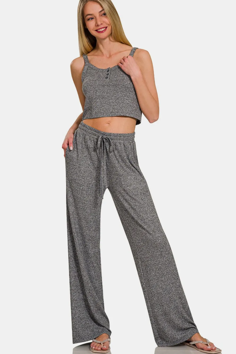 Black Drawstring Wide Leg Pants with Side Pockets