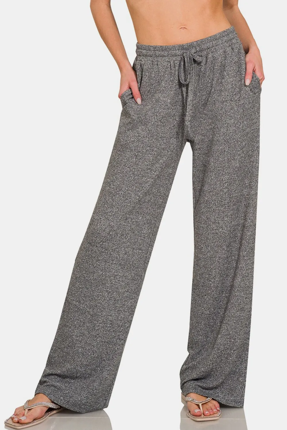 Black Drawstring Wide Leg Pants with Side Pockets