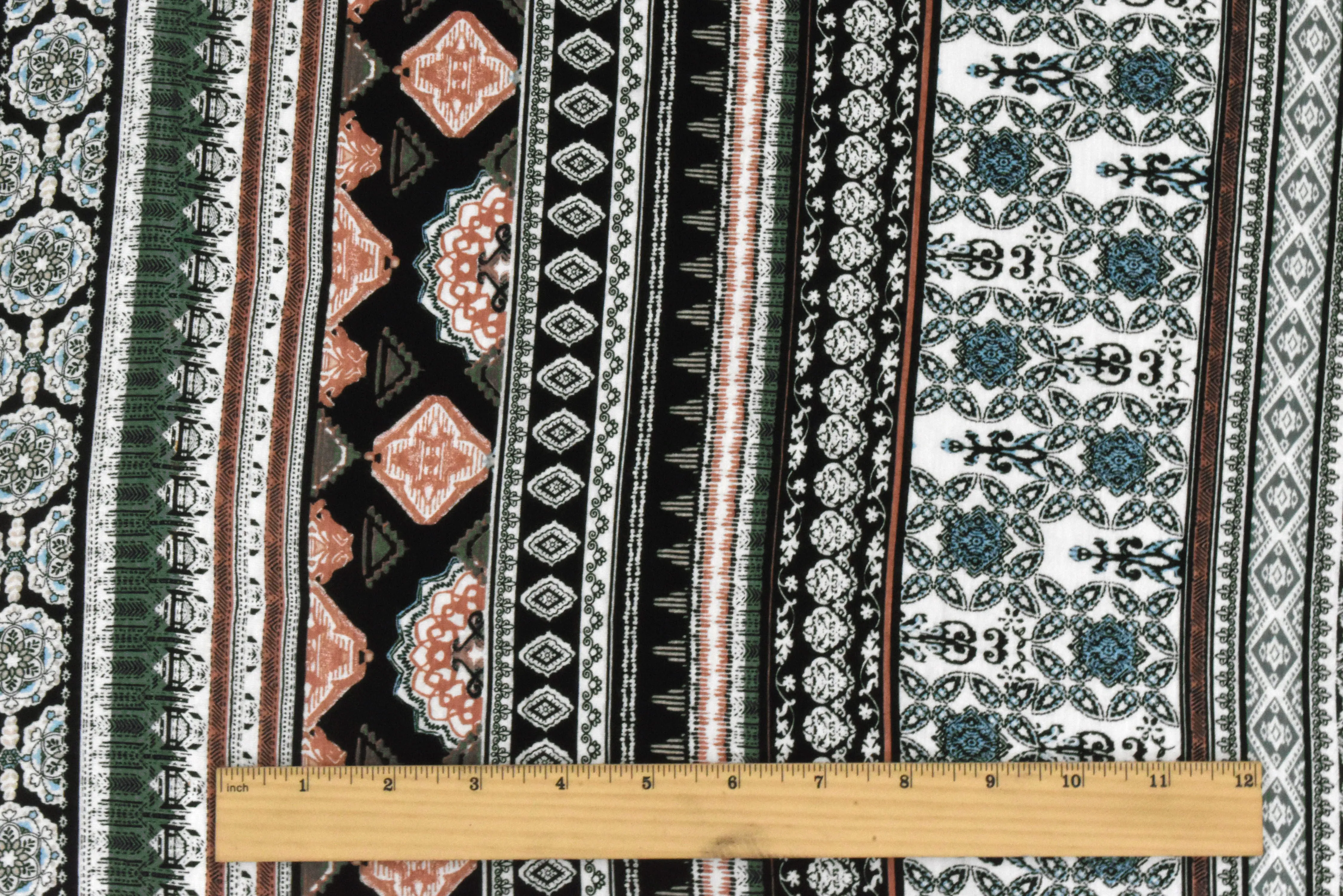Black-Green-Multi Moroccan Stripe Printed Rayon Stretch Jersey Knit Fabric