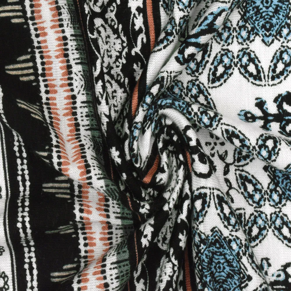 Black-Green-Multi Moroccan Stripe Printed Rayon Stretch Jersey Knit Fabric