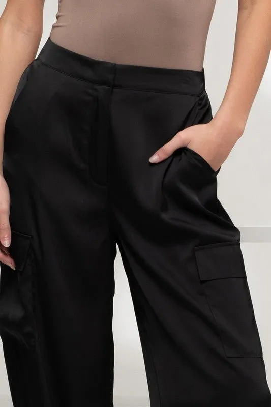 Black Satin Cargo Jogger Pants