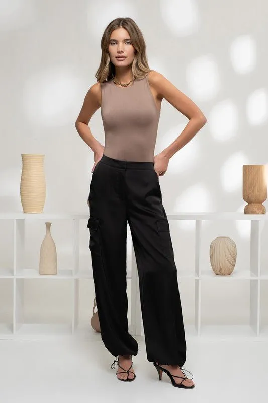 Black Satin Cargo Jogger Pants