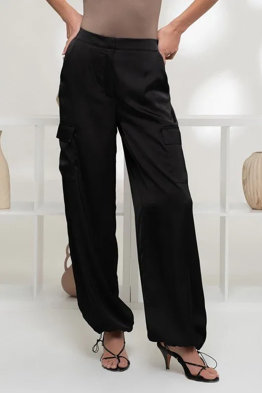 Black Satin Cargo Jogger Pants