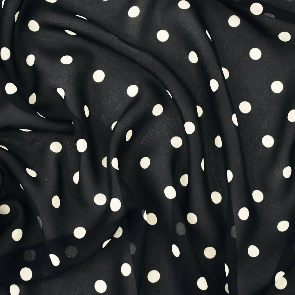 Black-White Polka Dots Printed Poly Chiffon Woven Fabric