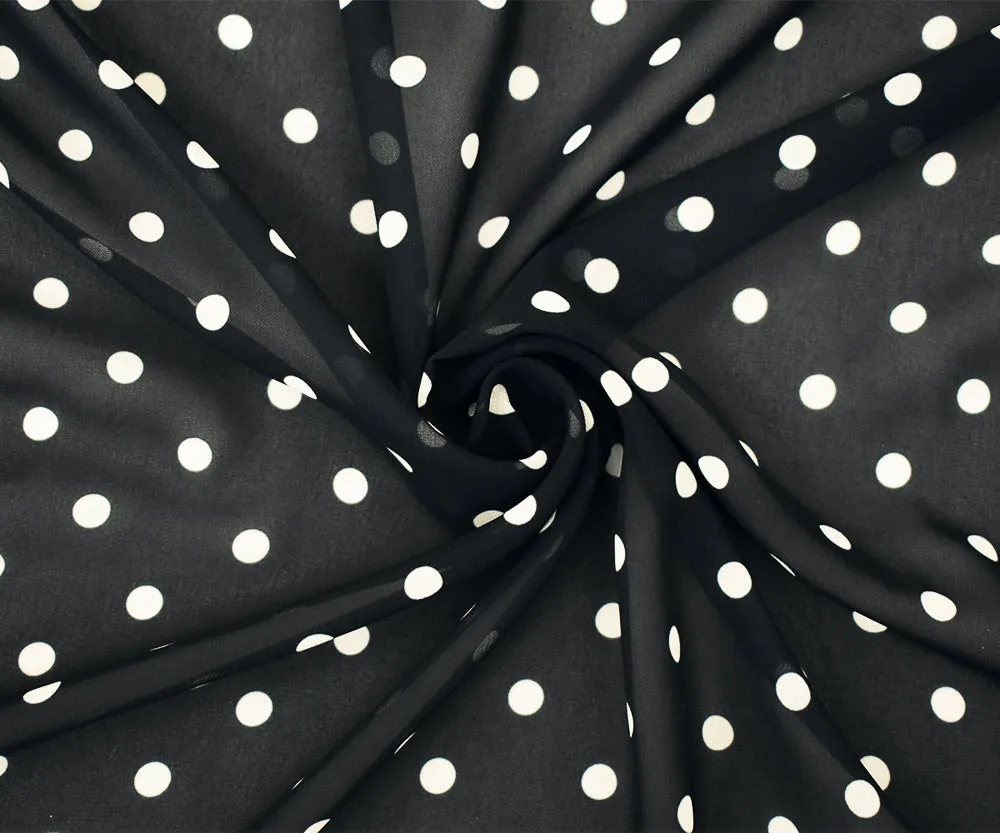 Black-White Polka Dots Printed Poly Chiffon Woven Fabric