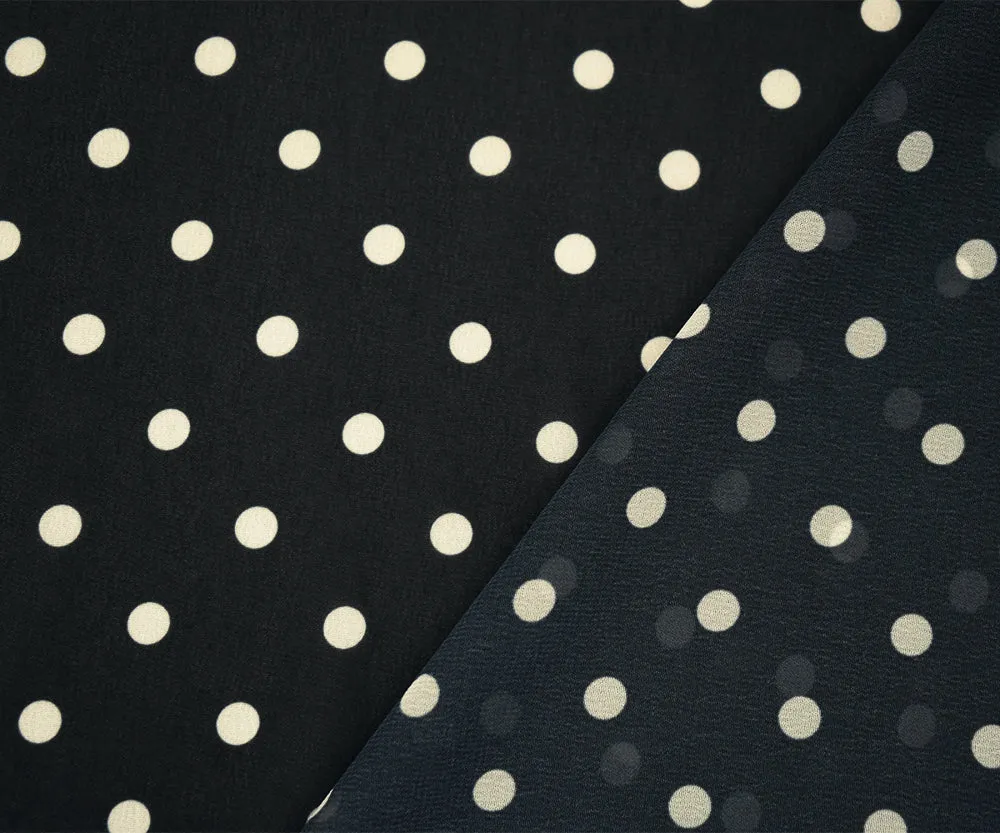Black-White Polka Dots Printed Poly Chiffon Woven Fabric