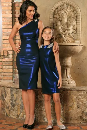 Blue Navy Stretchy Metallic Evening Chic Cocktail Mommy and Me Dress