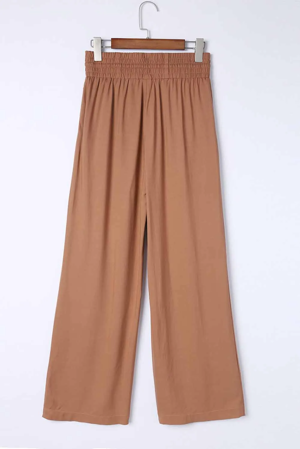 Brown Drawstring Elastic Waist Casual Wide Leg Pants