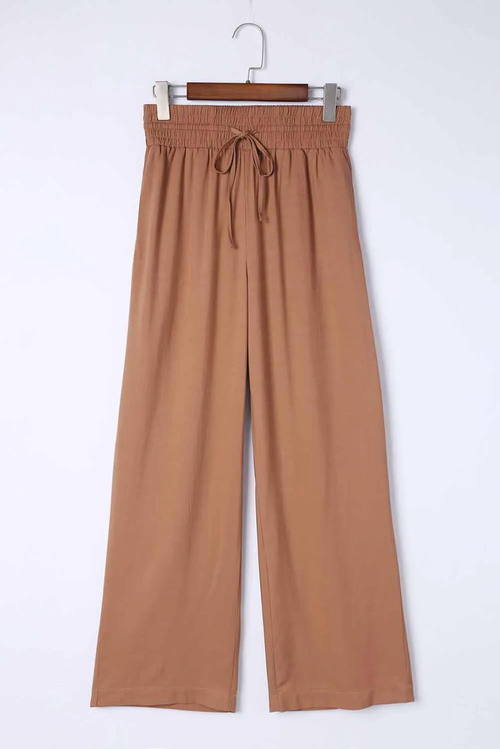 Brown Drawstring Elastic Waist Casual Wide Leg Pants