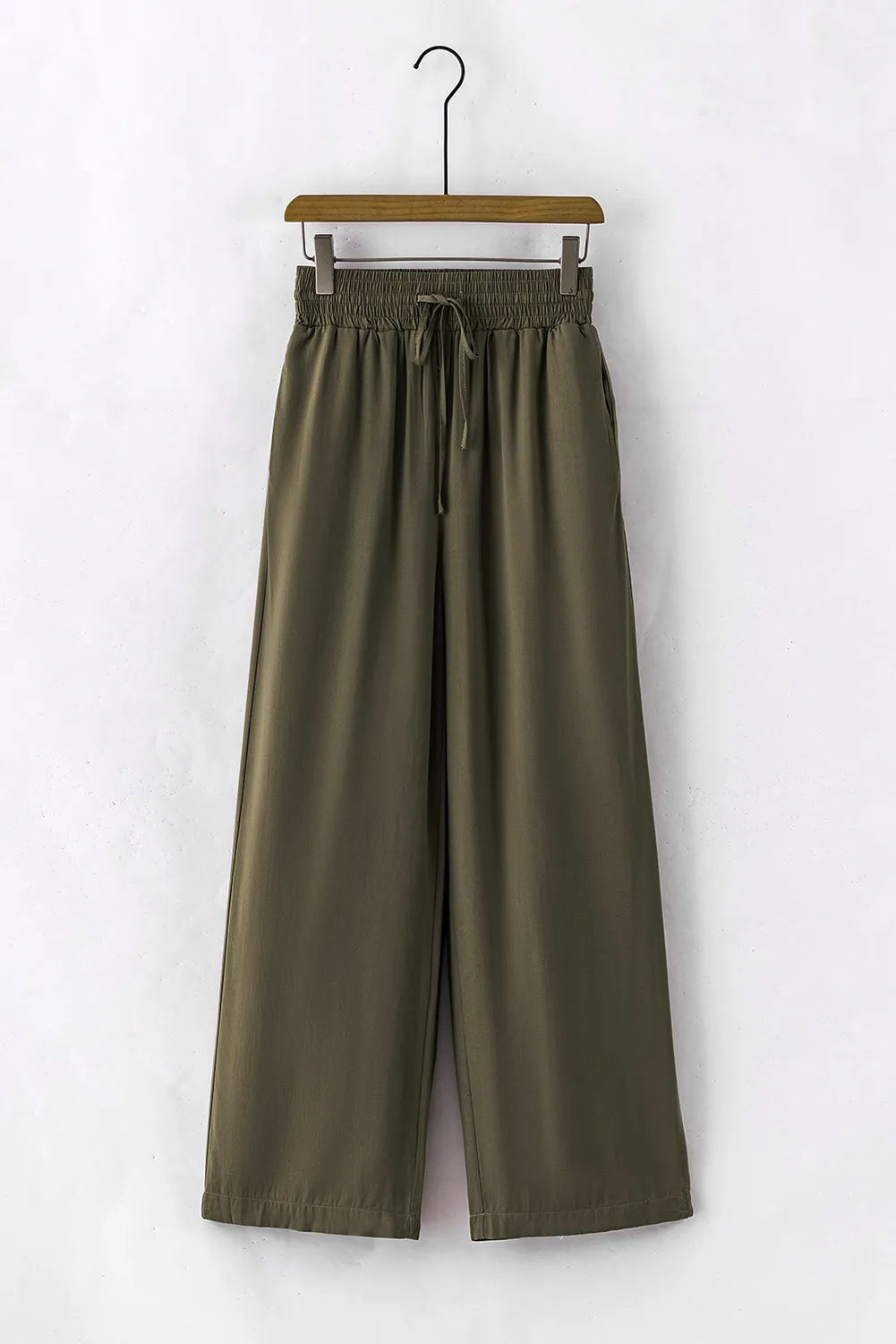 Brown Drawstring Elastic Waist Casual Wide Leg Pants
