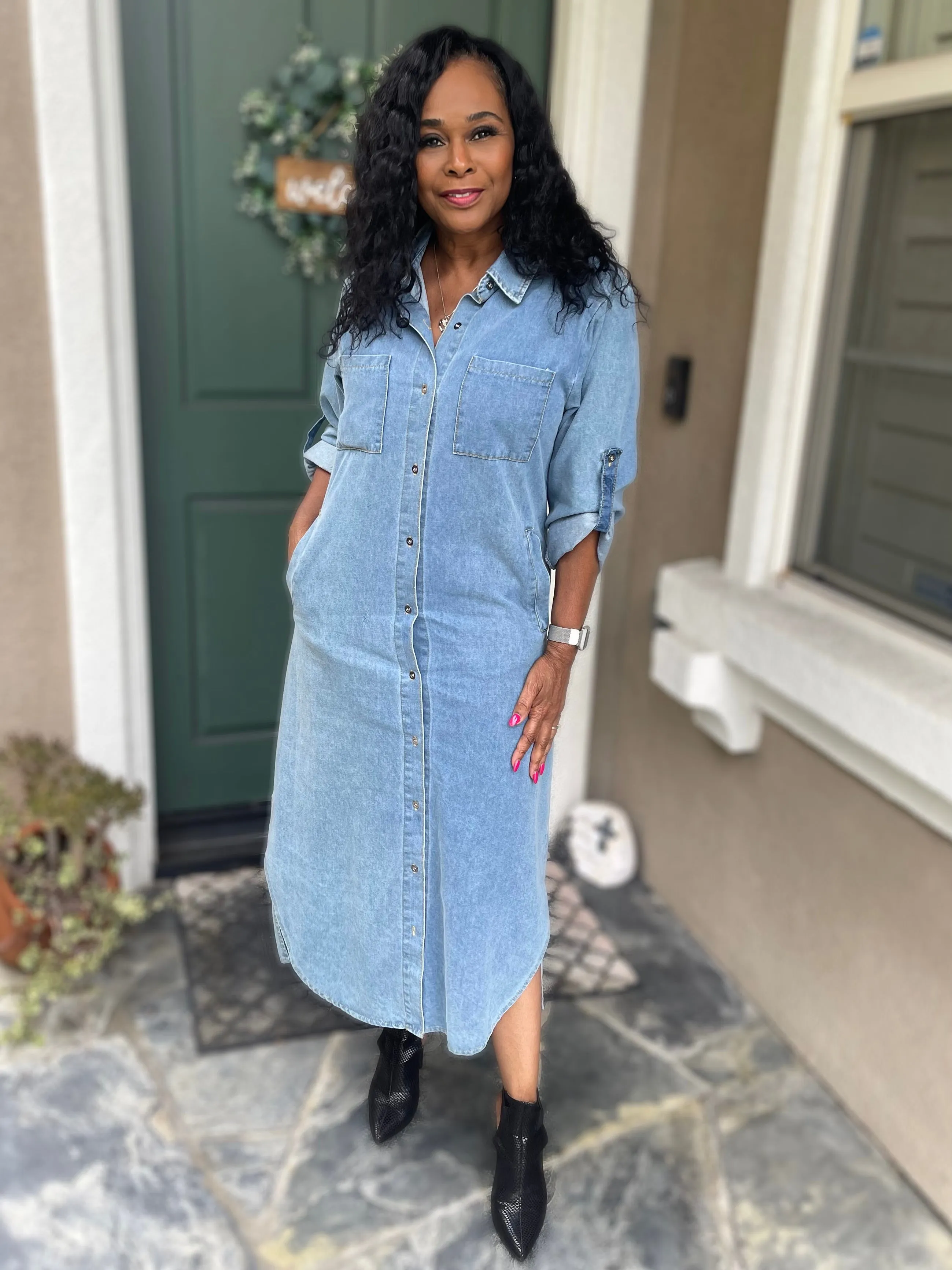 Button down denim midi dress