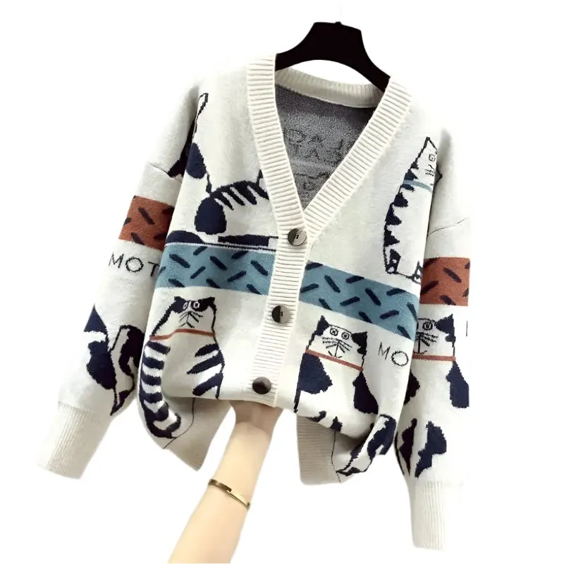 Cartoon Contrast Color Women’s V-Neck Knitted Cardigan – Trendy Spring and Autumn Sweater Coat
