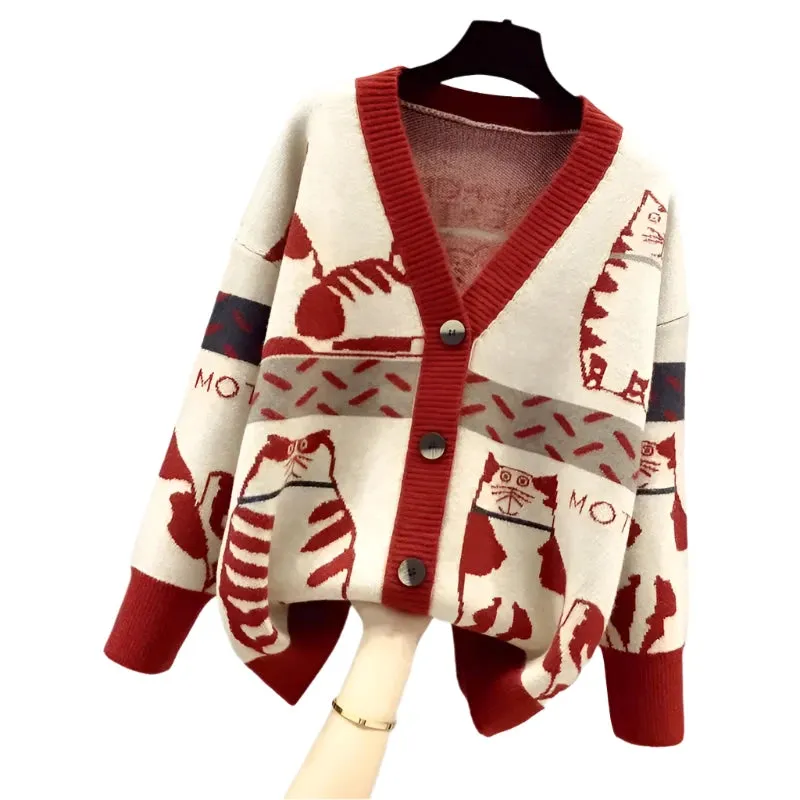 Cartoon Contrast Color Women’s V-Neck Knitted Cardigan – Trendy Spring and Autumn Sweater Coat