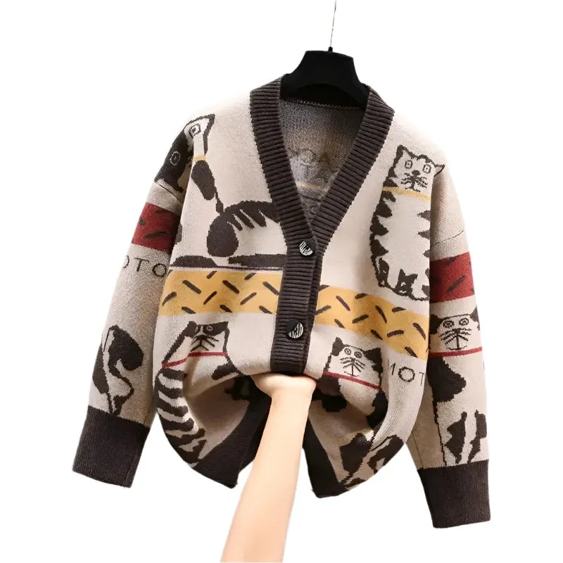 Cartoon Contrast Color Women’s V-Neck Knitted Cardigan – Trendy Spring and Autumn Sweater Coat