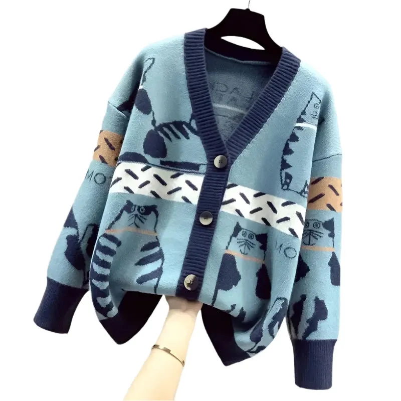 Cartoon Contrast Color Women’s V-Neck Knitted Cardigan – Trendy Spring and Autumn Sweater Coat
