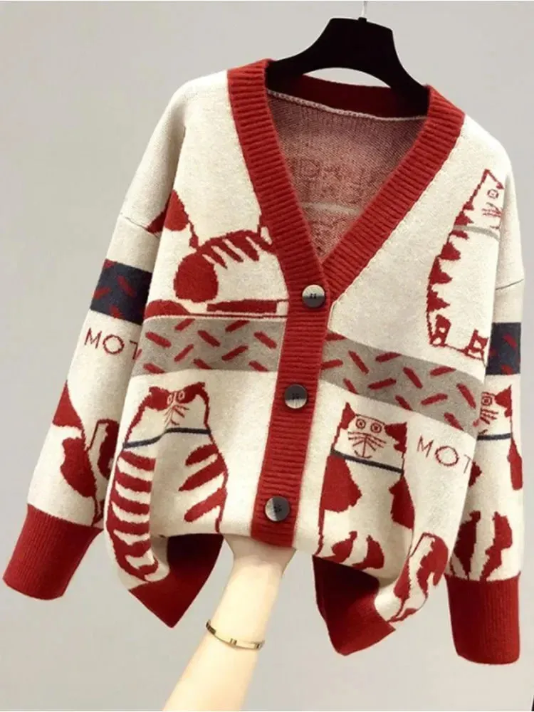 Cartoon Contrast Color Women’s V-Neck Knitted Cardigan – Trendy Spring and Autumn Sweater Coat