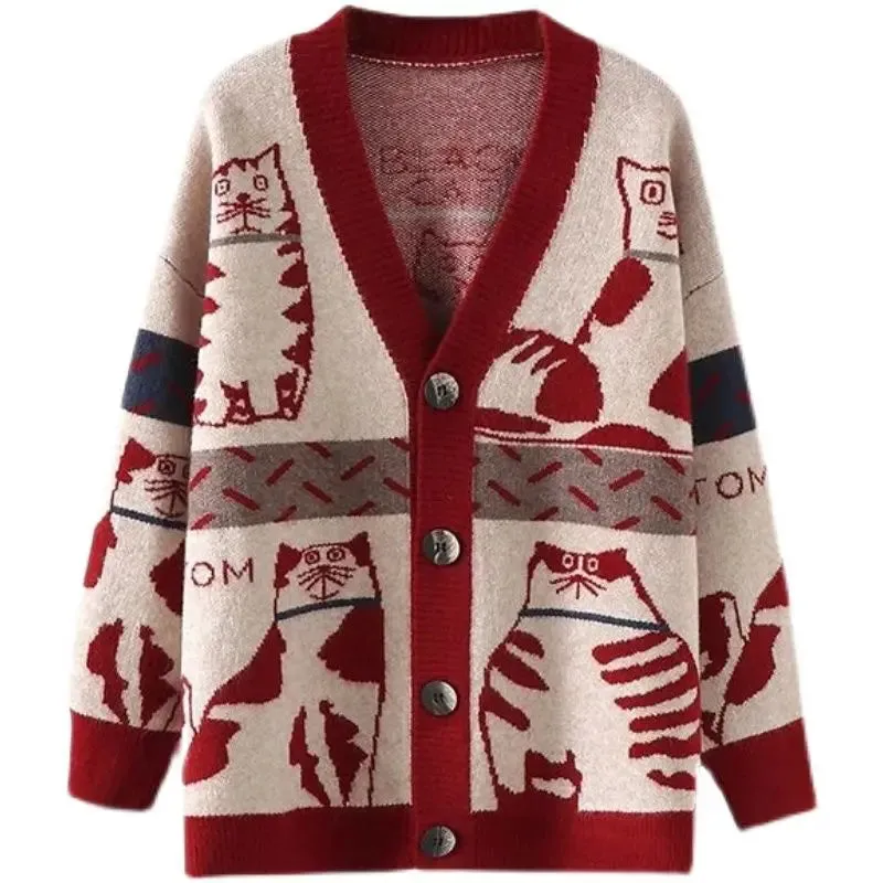 Cartoon Contrast Color Women’s V-Neck Knitted Cardigan – Trendy Spring and Autumn Sweater Coat