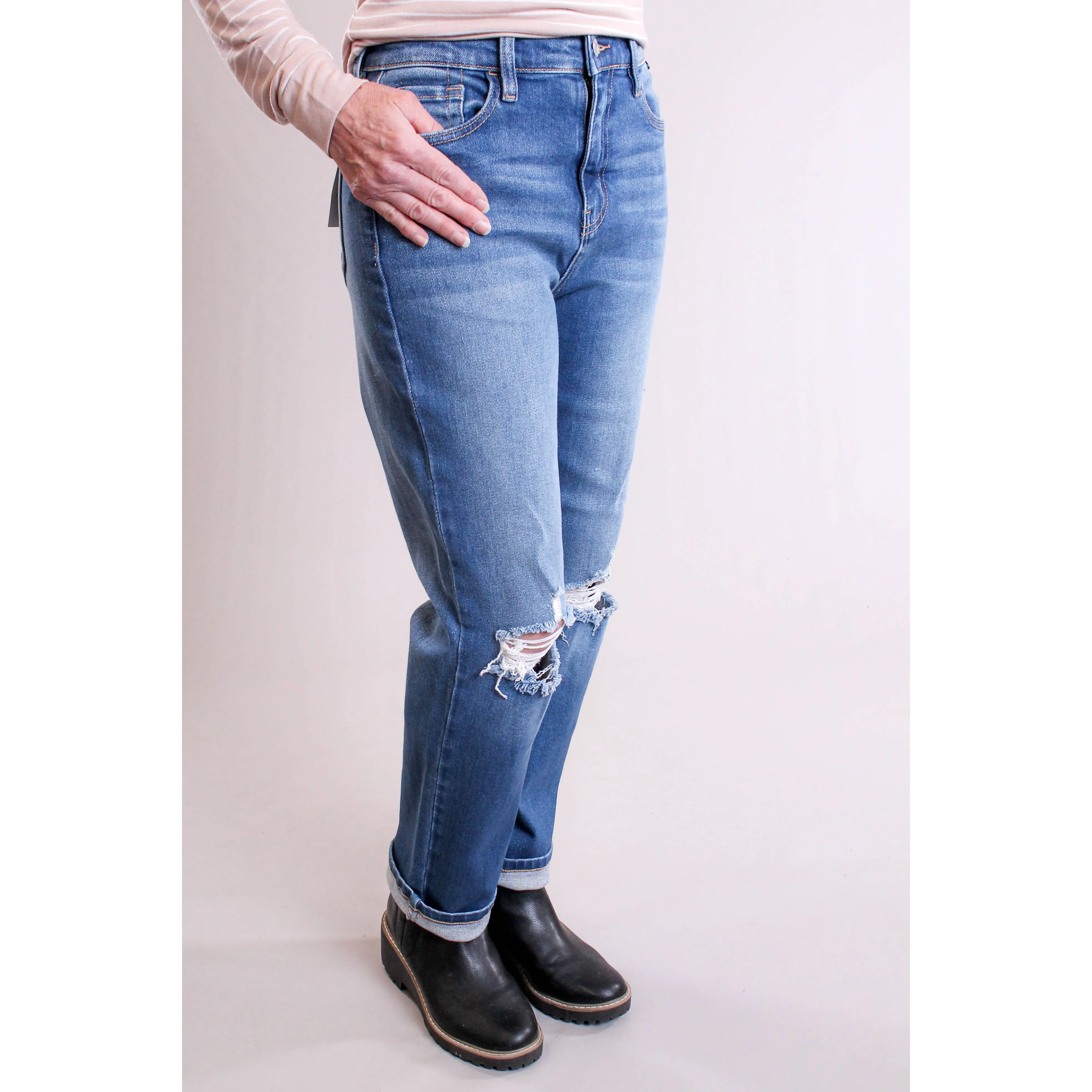Cello High Rise Straight Leg Distressed Jeans
