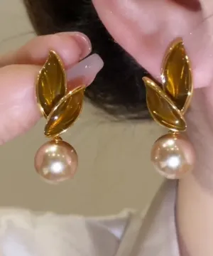 Chic Coffee Sterling Silver Alloy Pearl Leaf Stud Earrings EY020