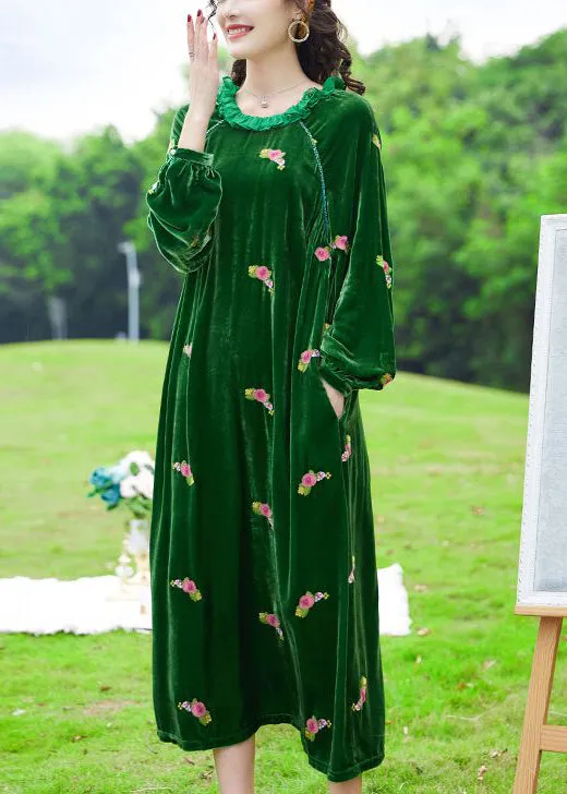 Chic Green Ruffled Embroideried Floral Silk Velour Maxi Dresses AC3004