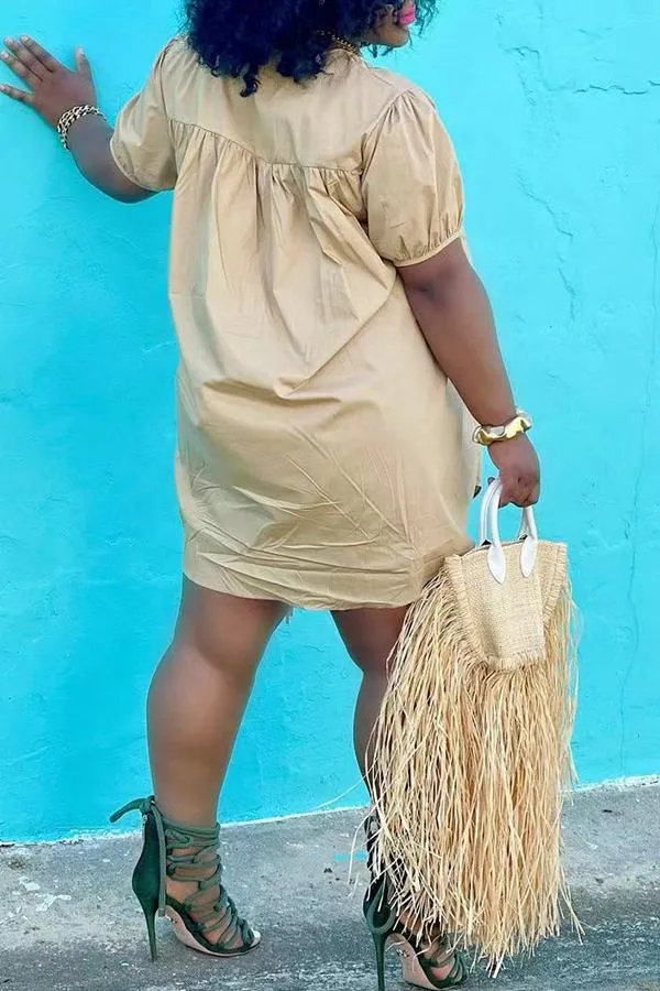 Chic Round Neck Short Sleeve Drawstring Dress
