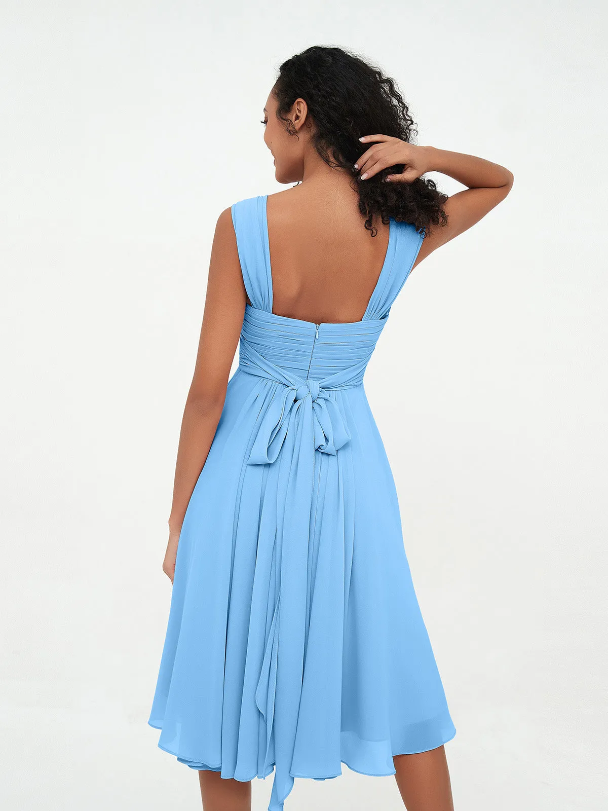 Chiffon Empire Short Dresses with Pockets-Blue Plus Size