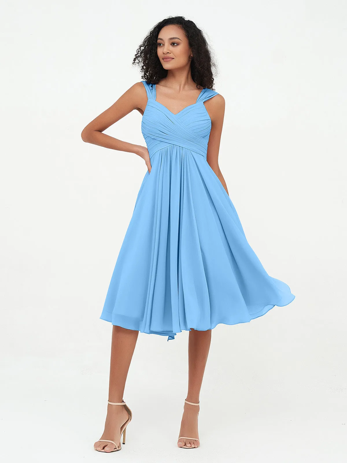 Chiffon Empire Short Dresses with Pockets-Blue Plus Size