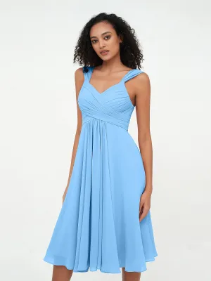 Chiffon Empire Short Dresses with Pockets-Blue Plus Size