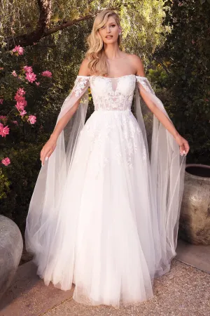 CINDERELLA DIVINE  A1080W Off-Shoulder Cape Sleeve Wedding Dress