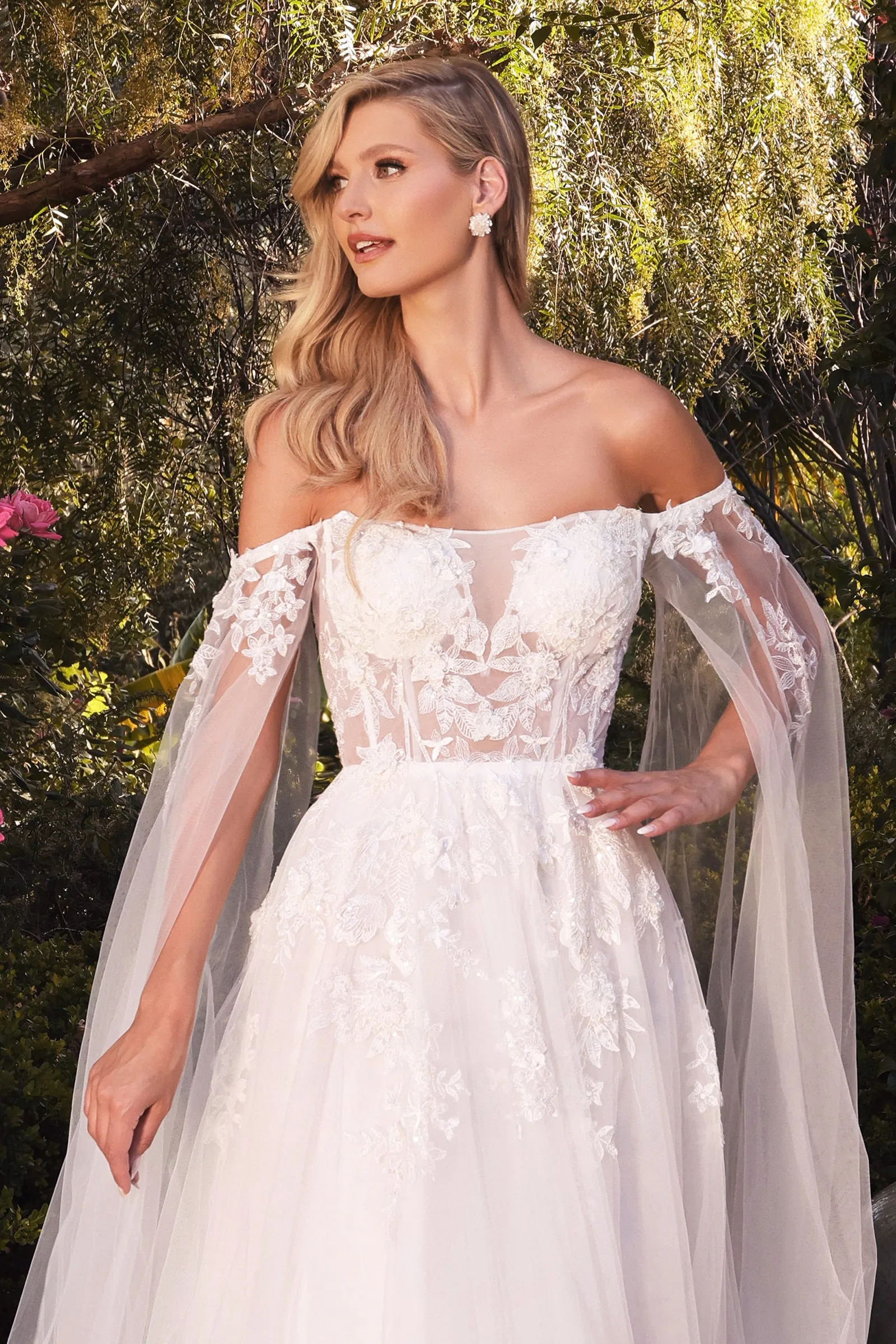 CINDERELLA DIVINE  A1080W Off-Shoulder Cape Sleeve Wedding Dress