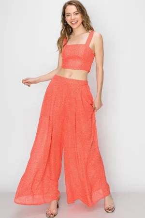 Coral Polka Dot 2pc Crop Top and Matching Wide Leg Pants