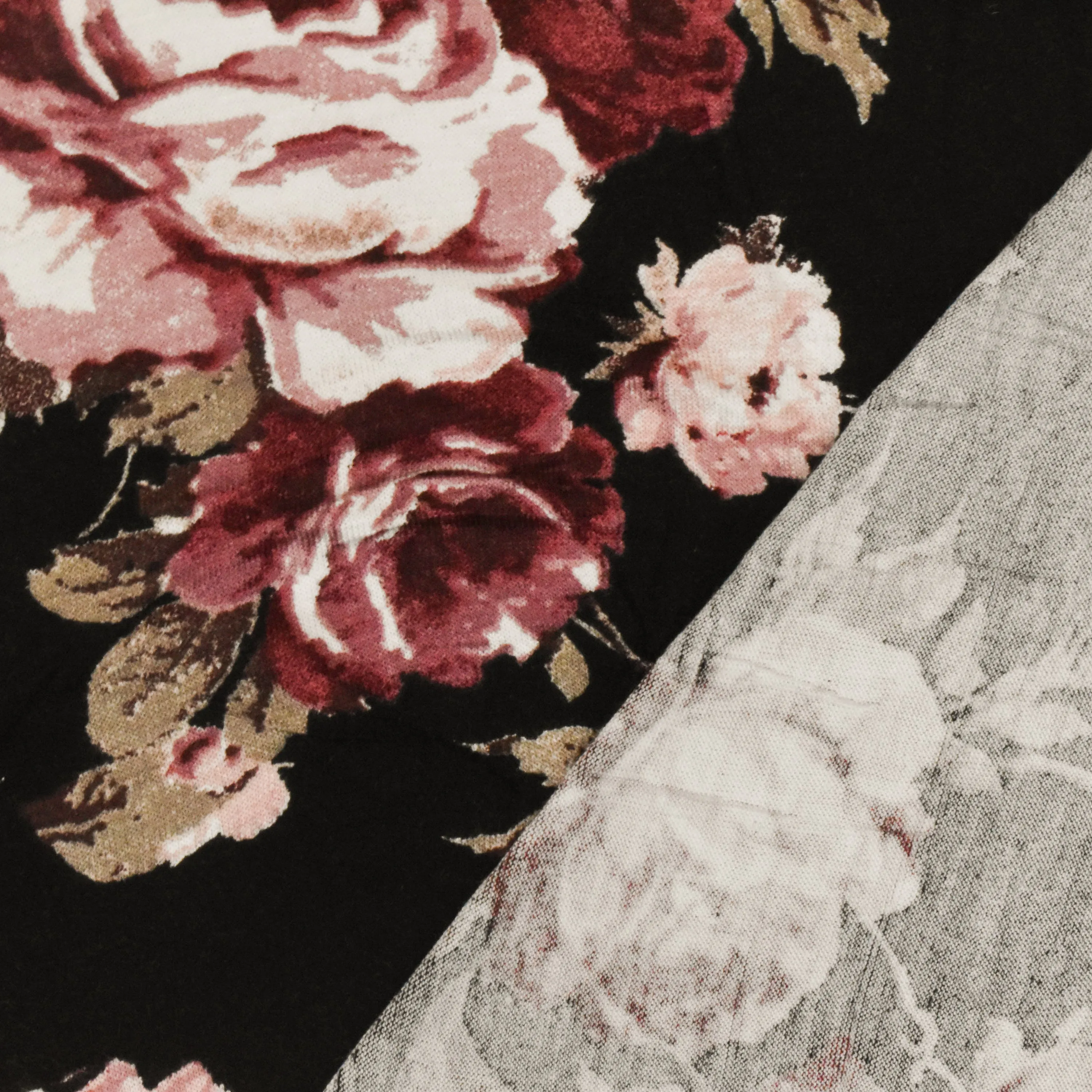 Dark Maroon-Black-Multi Floral Printed Stretch Rayon Jersey Knit Fabric