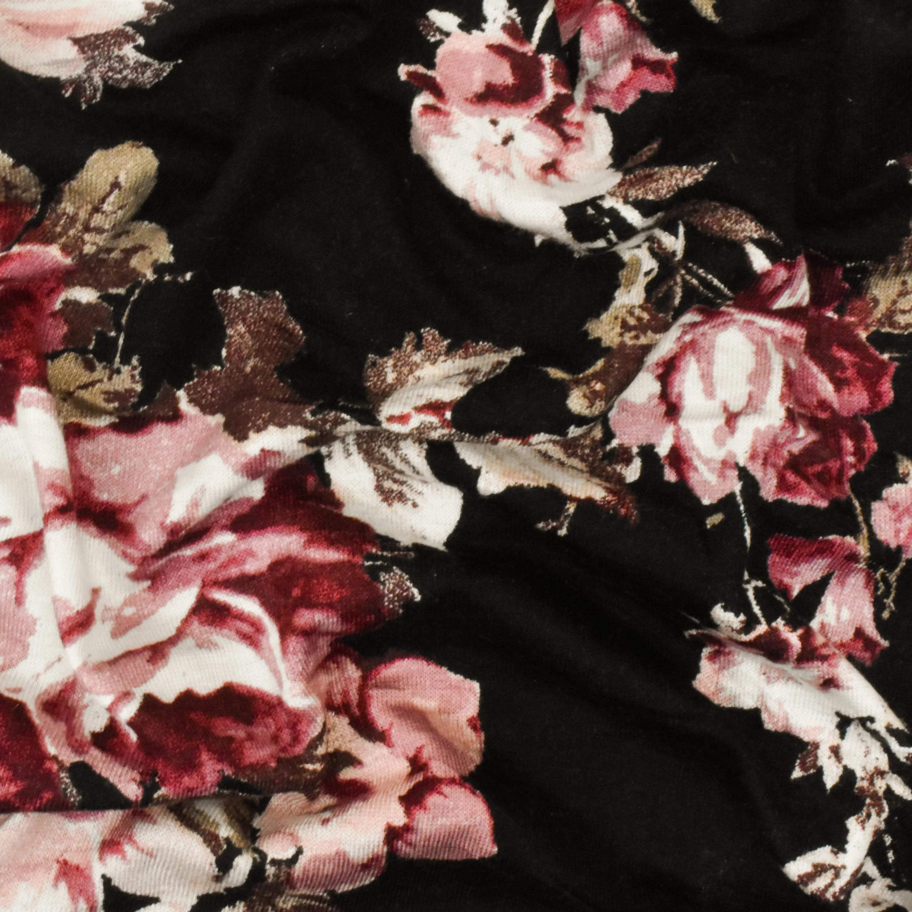 Dark Maroon-Black-Multi Floral Printed Stretch Rayon Jersey Knit Fabric