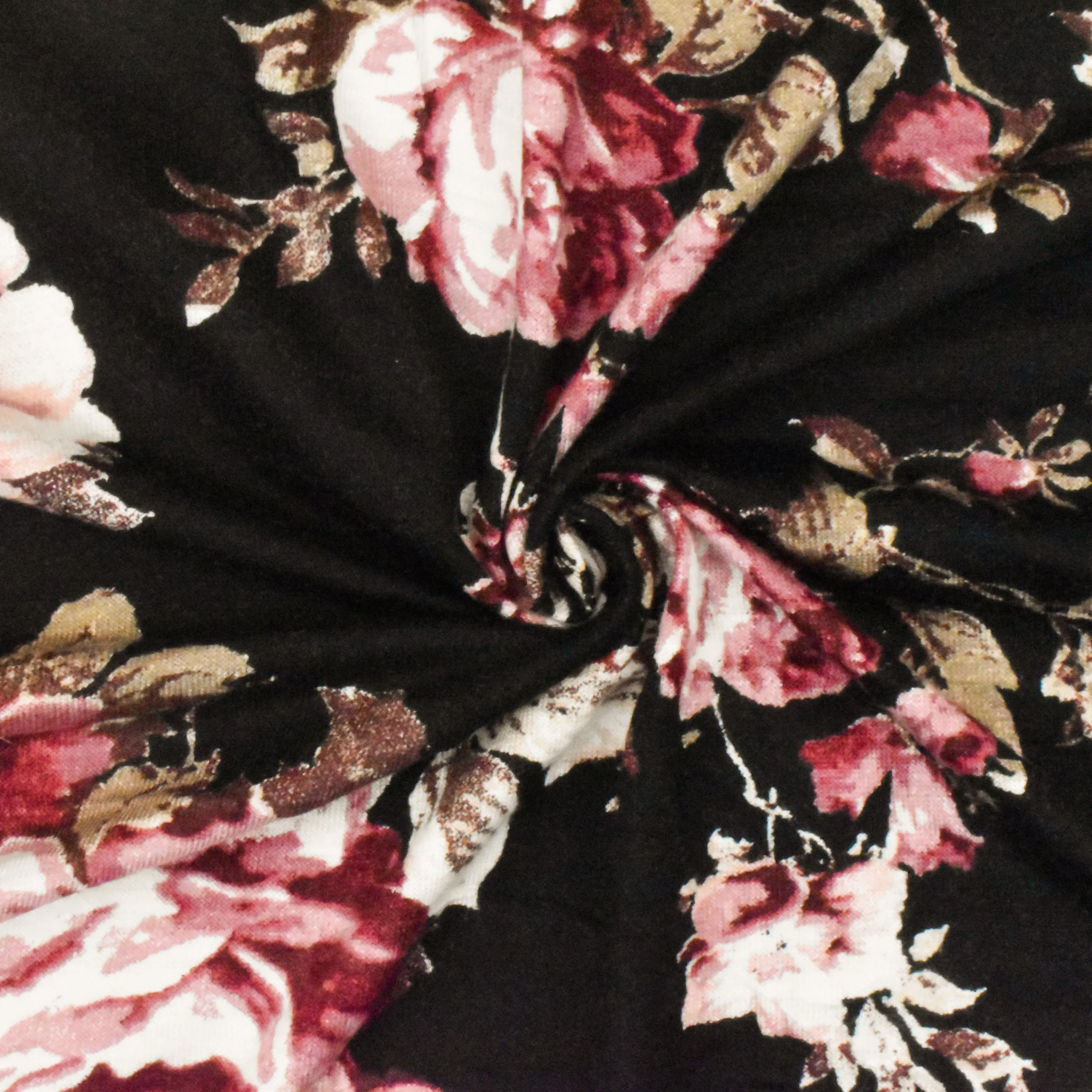 Dark Maroon-Black-Multi Floral Printed Stretch Rayon Jersey Knit Fabric