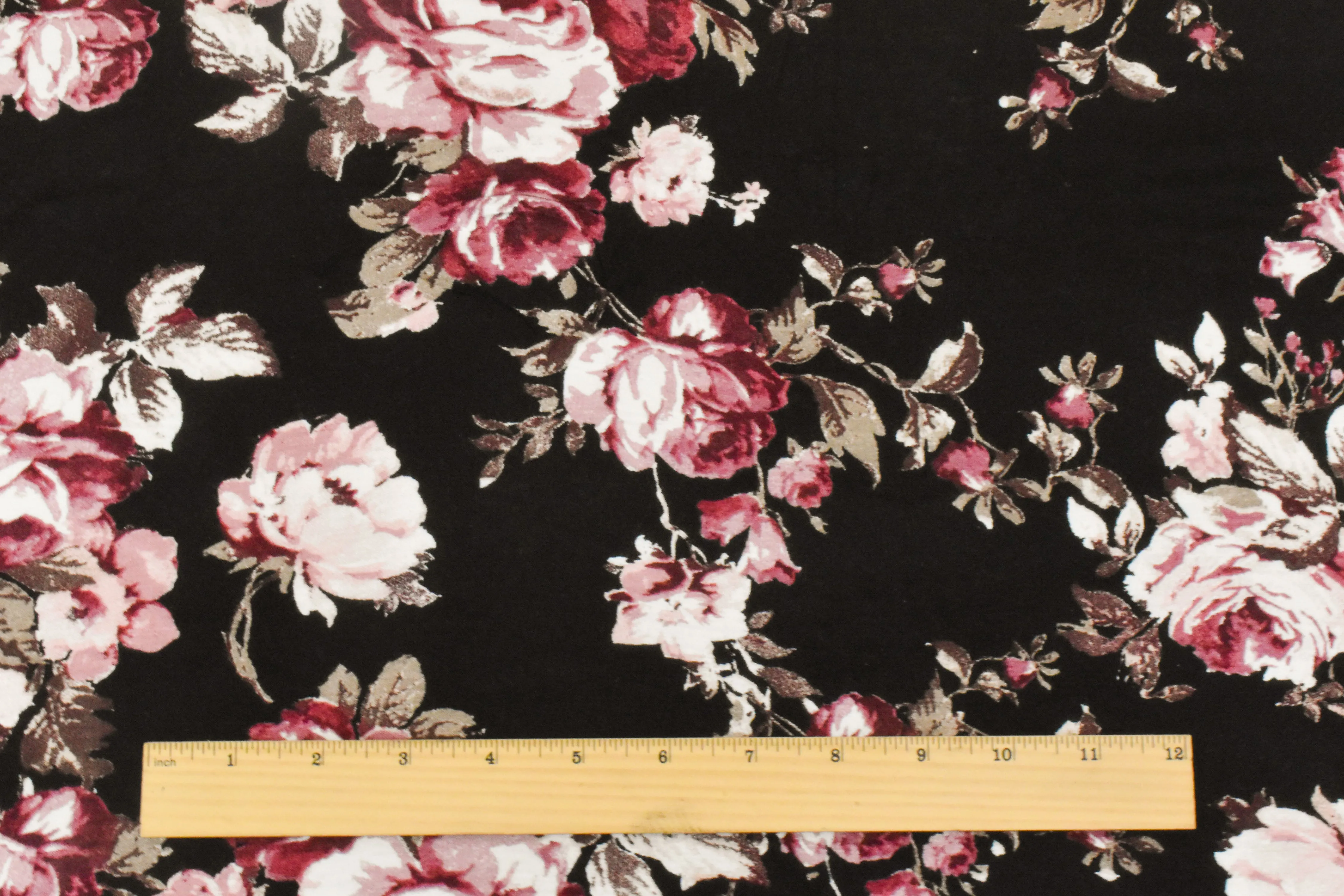Dark Maroon-Black-Multi Floral Printed Stretch Rayon Jersey Knit Fabric