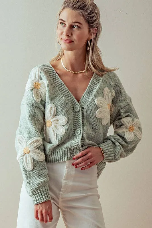 DROP SHOULDER DAISY RIB KNIT CARDIGAN