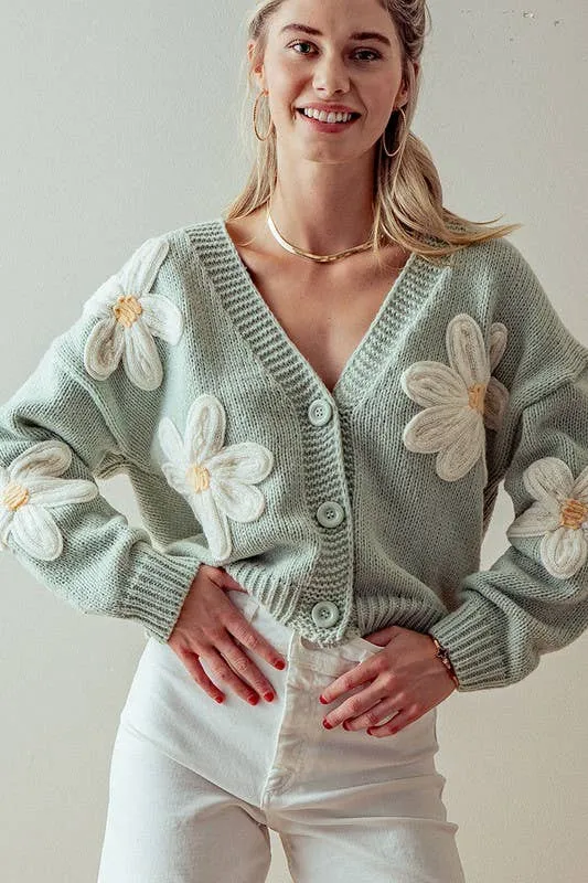 DROP SHOULDER DAISY RIB KNIT CARDIGAN