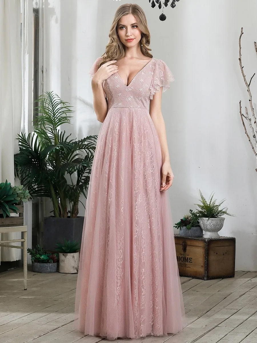 Ever-Pretty Double V-Neck Floor Length Wedding Dresses with Short Sleeve EP00857