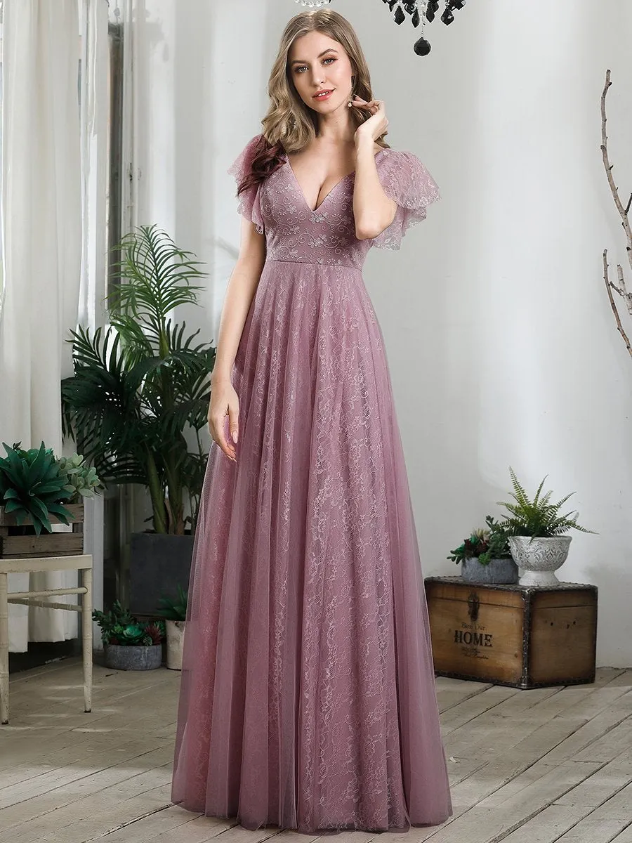 Ever-Pretty Double V-Neck Floor Length Wedding Dresses with Short Sleeve EP00857