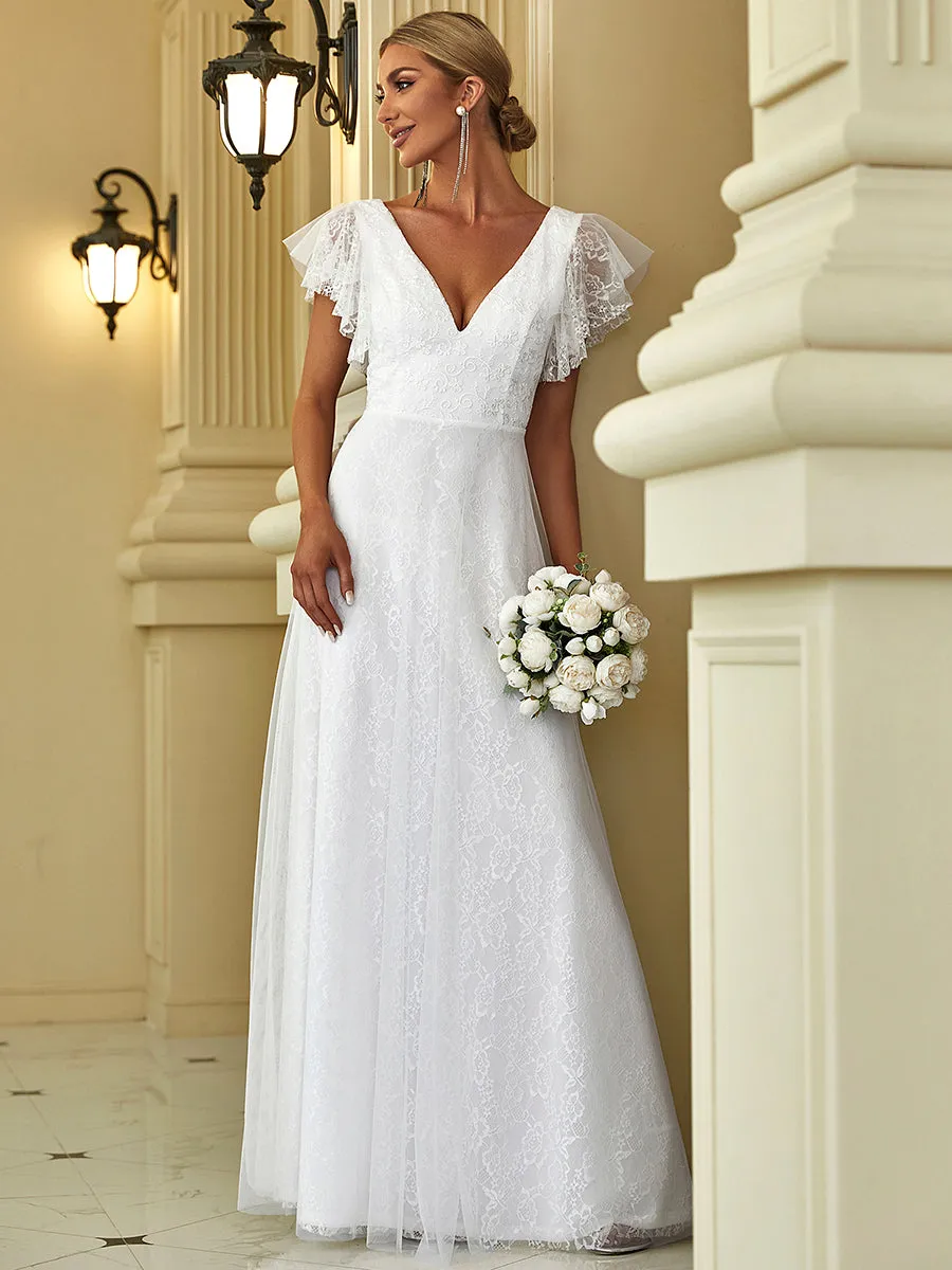 Ever-Pretty Double V-Neck Floor Length Wedding Dresses with Short Sleeve EP00857