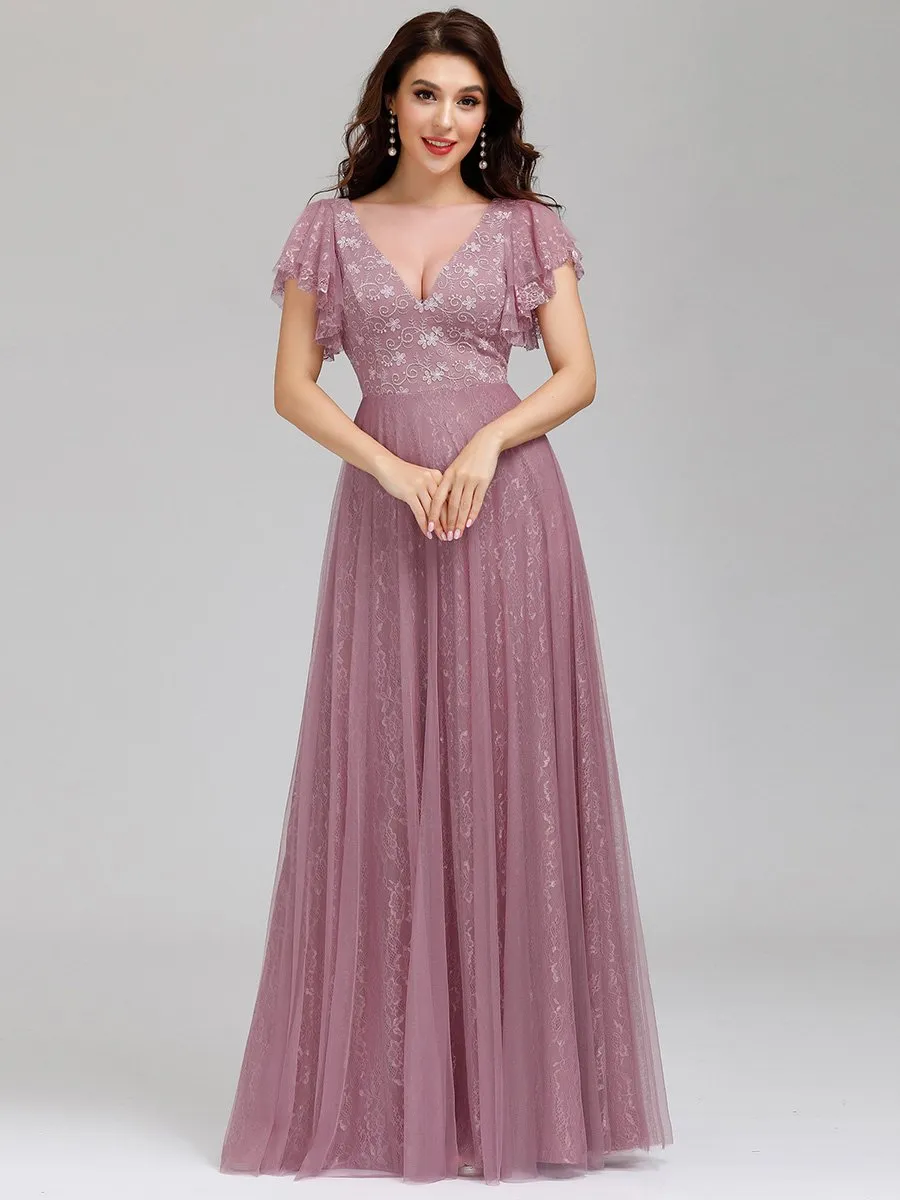Ever-Pretty Double V-Neck Floor Length Wedding Dresses with Short Sleeve EP00857