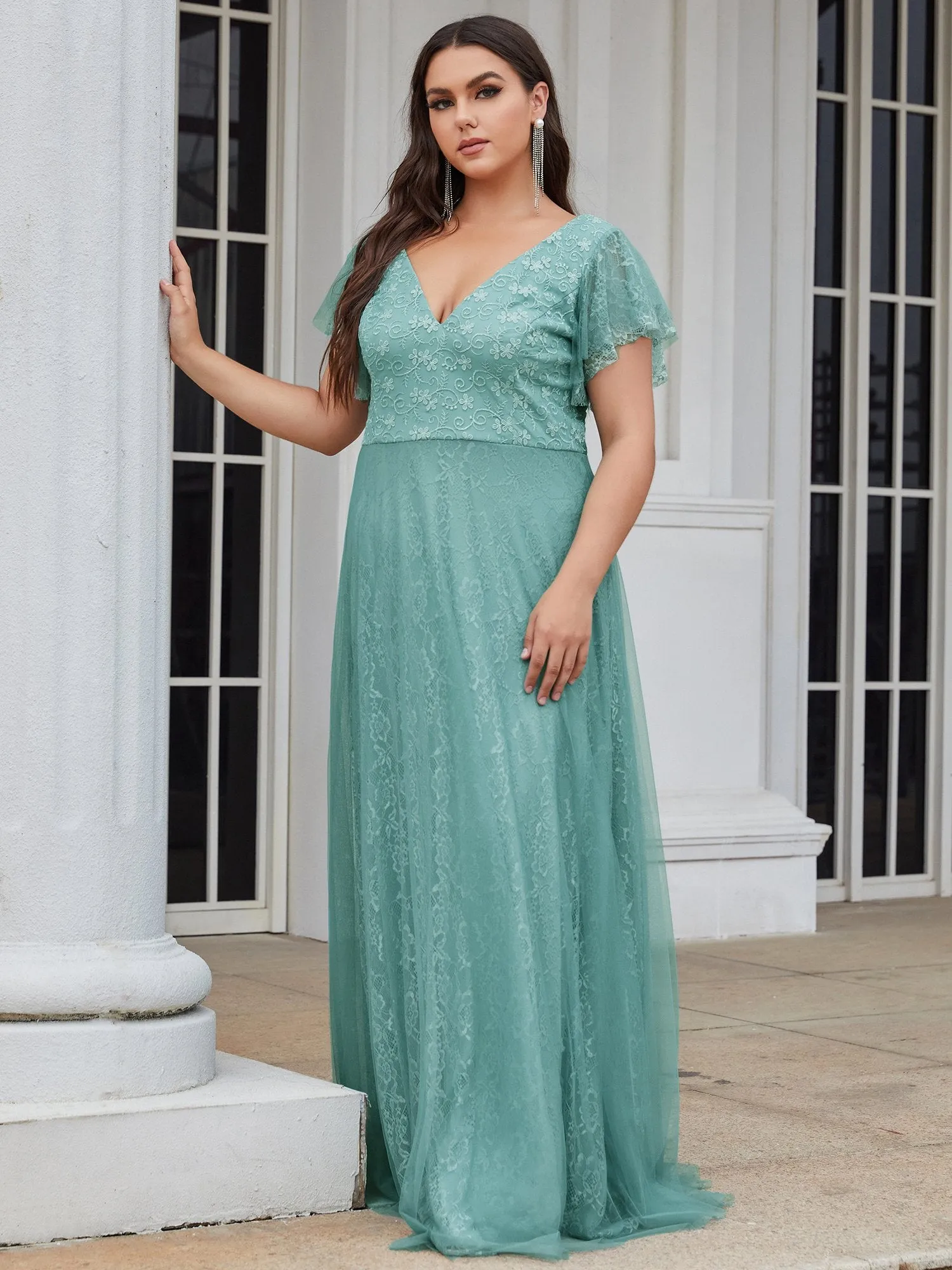 Ever-Pretty Double V-Neck Floor Length Wedding Dresses with Short Sleeve EP00857